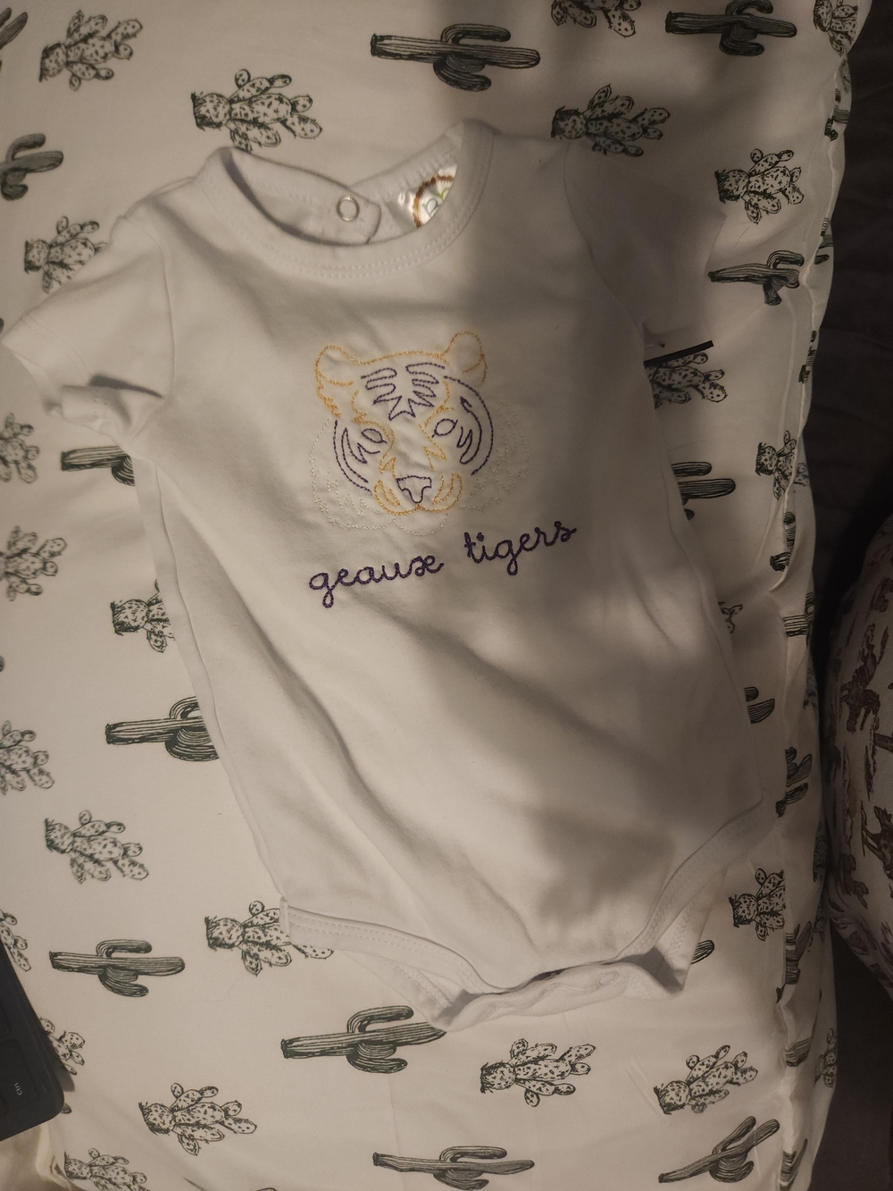 White Embroidered Tiger Baby One-Piece With Bib